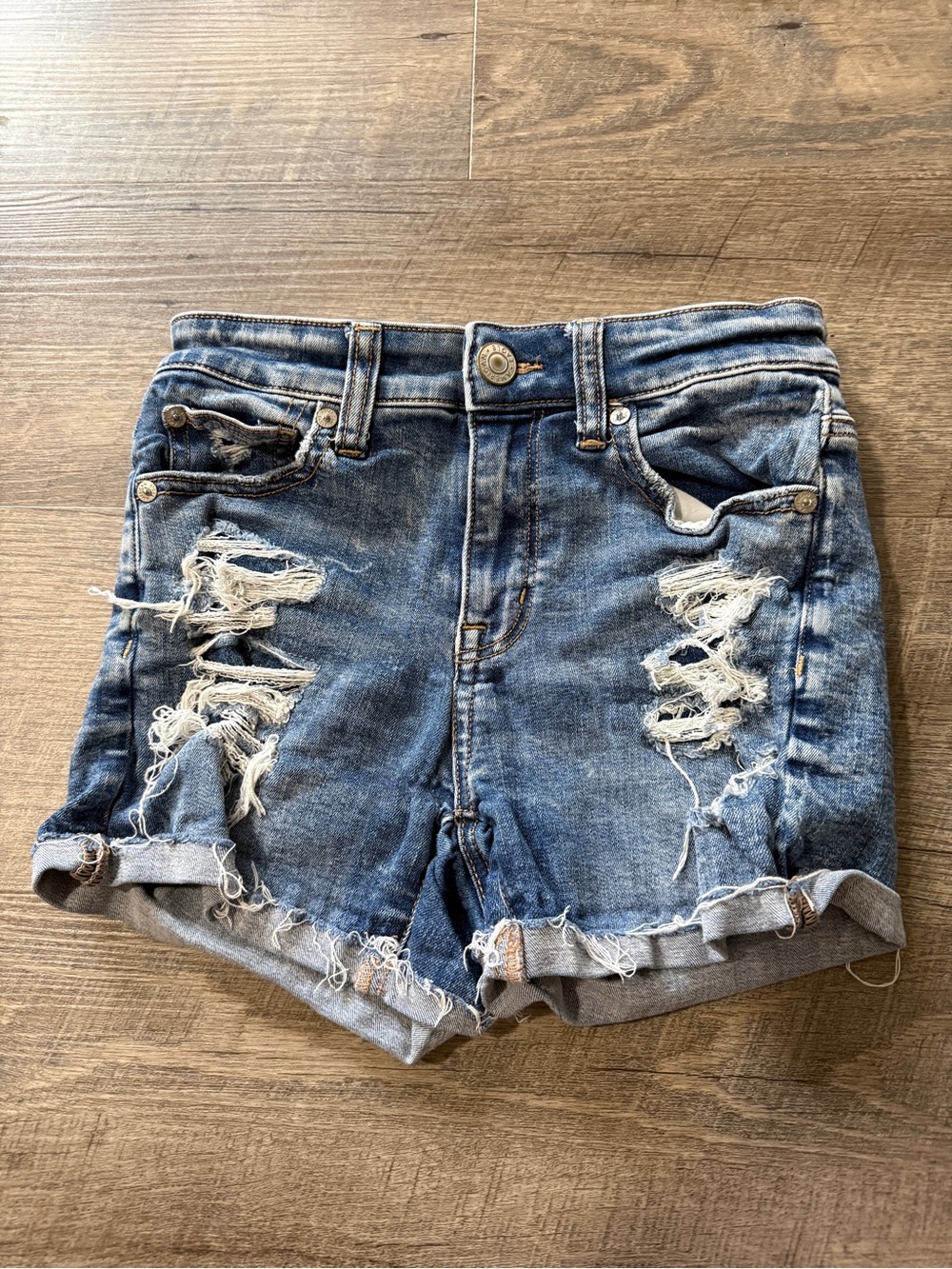 American Eagle Outfitters Distressed Rolled-Hem Denim Shorts - Blue